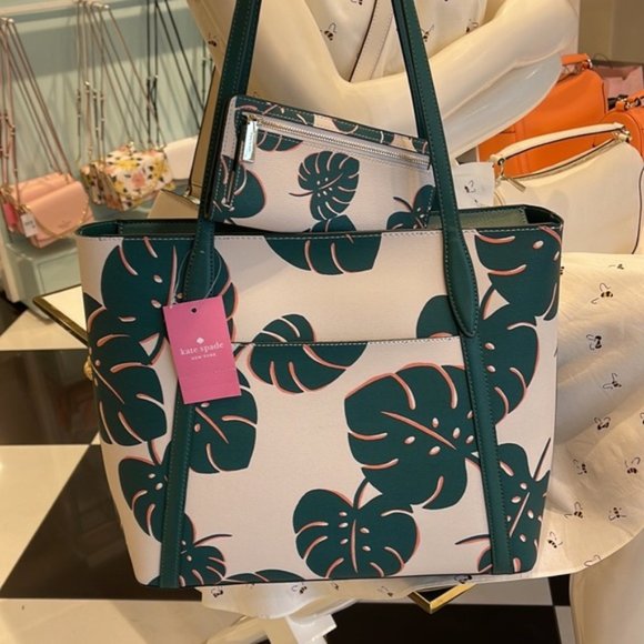 Kate Spade Cara Large Tote Monstera Leaves & Large Slim Bifold Wallet Cream Mult - Picture 11 of 16